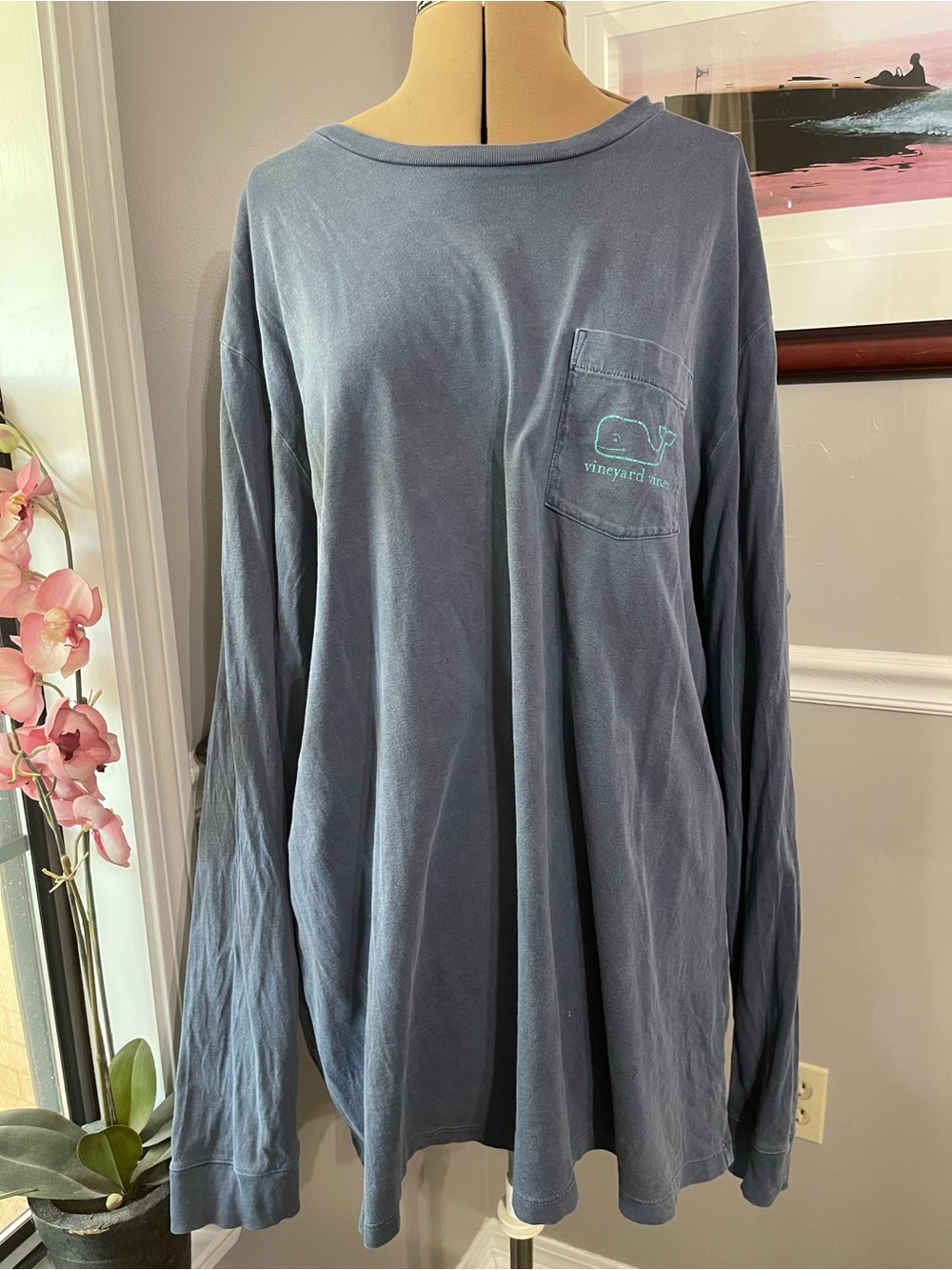 Vineyard Vines Men's Long-Sleeve Pocket Tee - Dusty Blue with Teal Logo